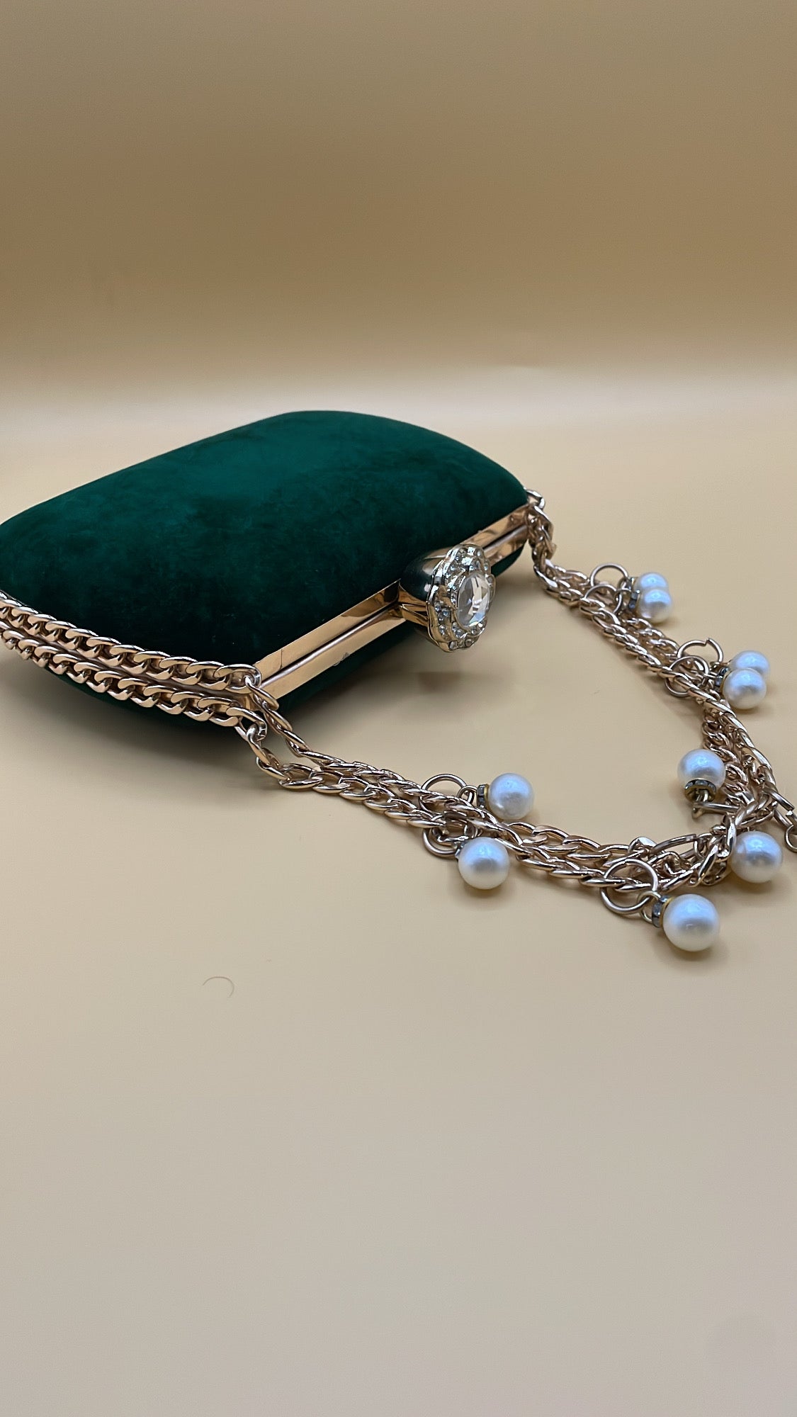 Emerald Velvet Pearl Chain Clutch