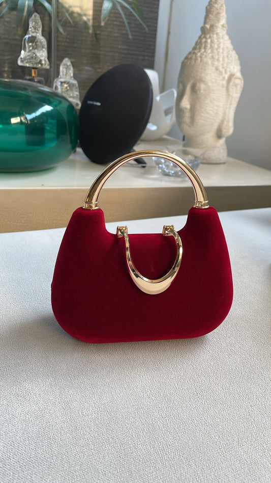 Velvet Elegance Clutch – Crimson Red with Champagne Gold Handle