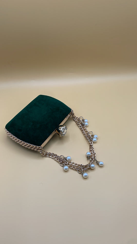 Emerald Velvet Pearl Chain Clutch