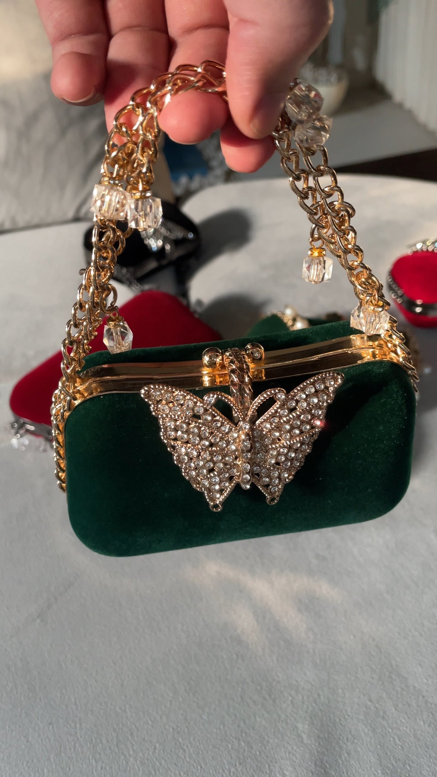 Emerald Velvet Butterfly Clutch
