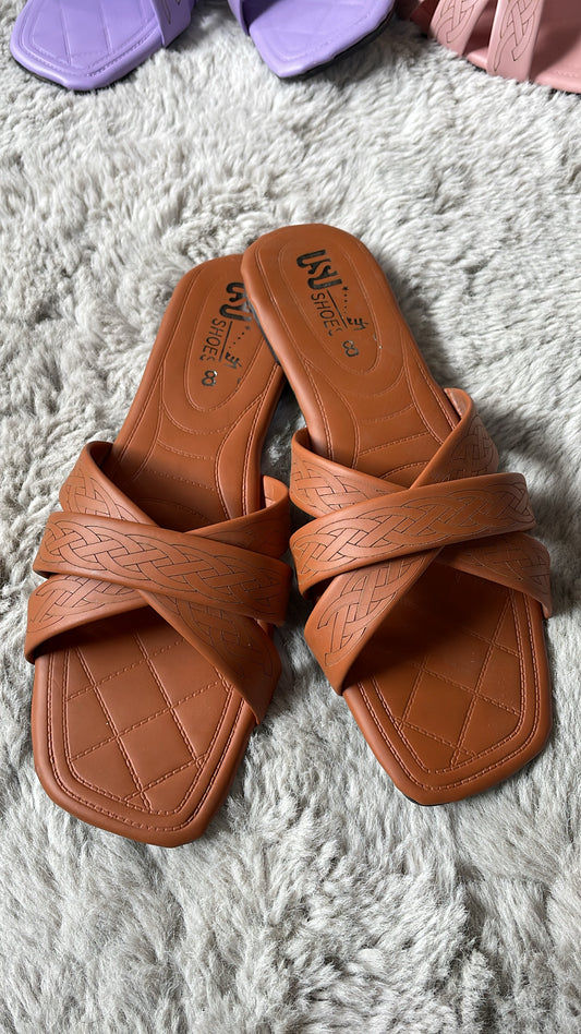 Classic Cross-Strap Flats – Tan Brown