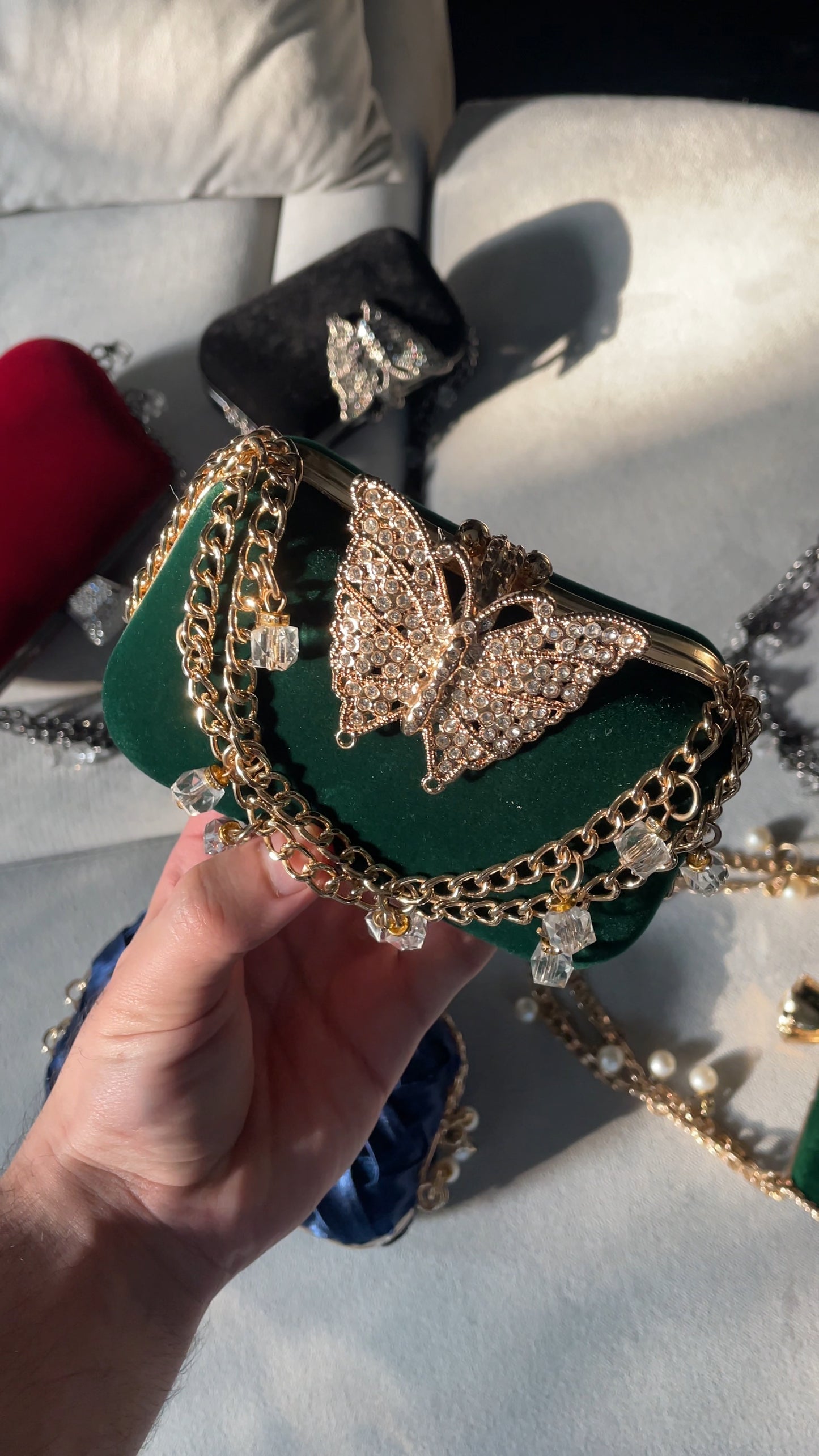 Emerald Velvet Butterfly Clutch