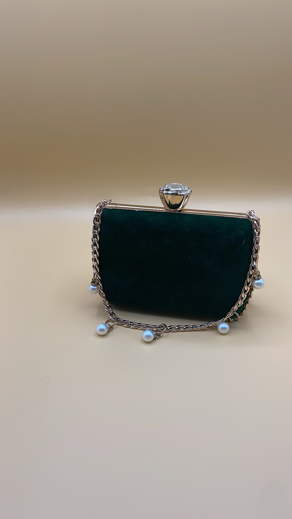 Emerald Velvet Pearl Chain Clutch