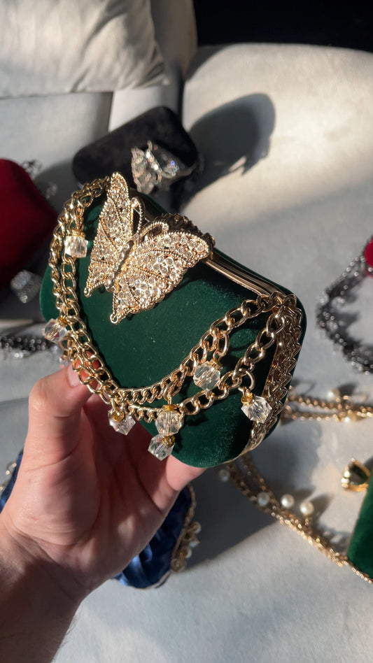 Emerald Velvet Butterfly Clutch