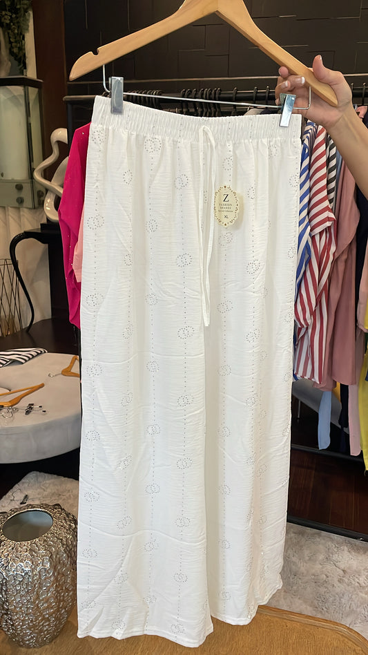 White Embroidered Wide-Leg Pants