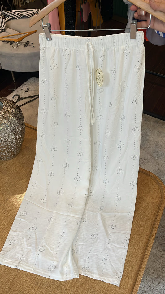 White Embroidered Wide-Leg Pants