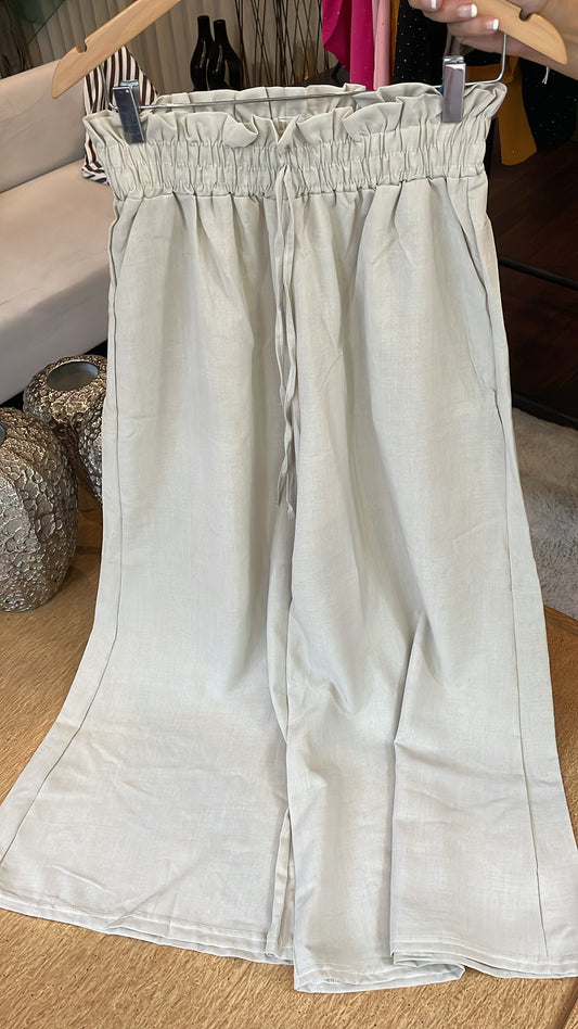 Beige Wide-Leg Paperbag Pants