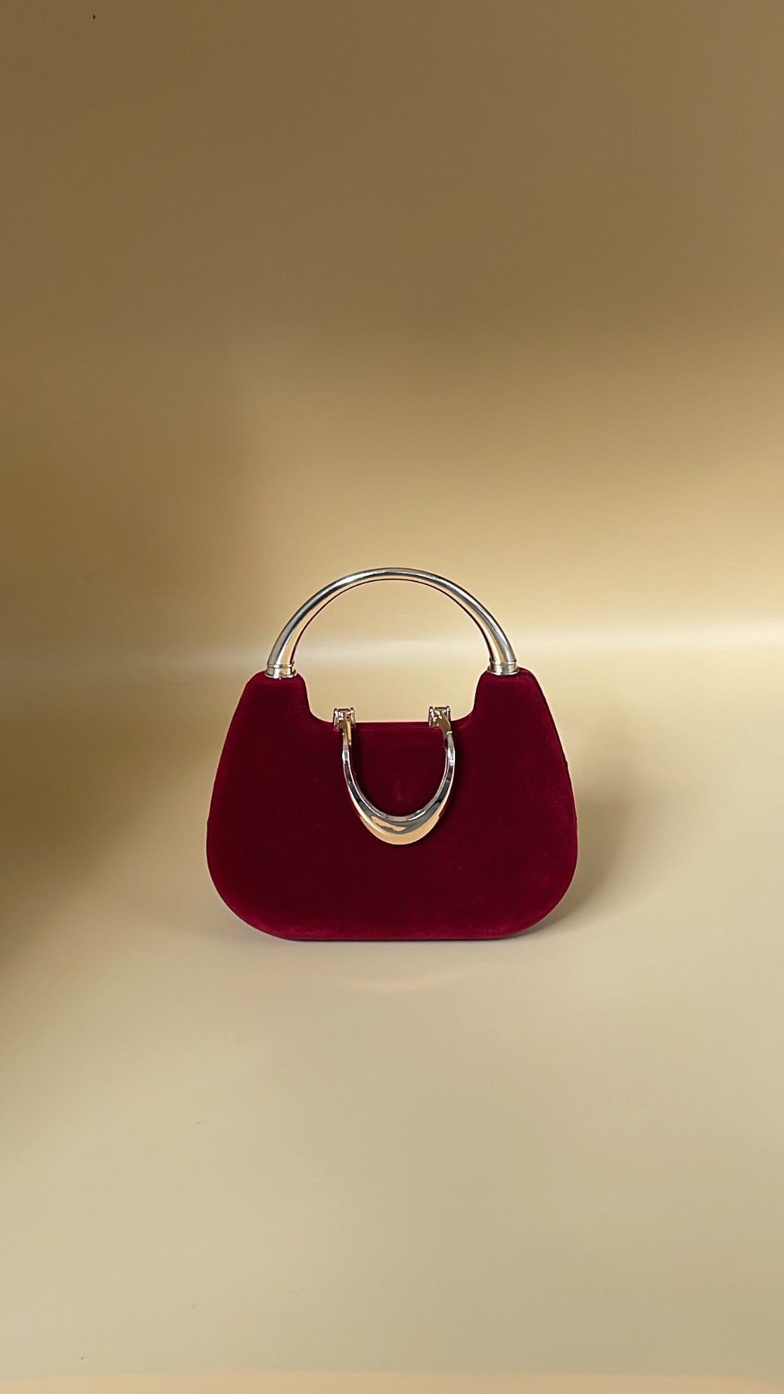 Velvet Elegance Clutch – Crimson Red with Champagne Gold Handle