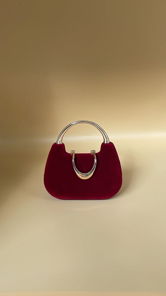 Velvet Elegance Clutch – Crimson Red with Champagne Gold Handle