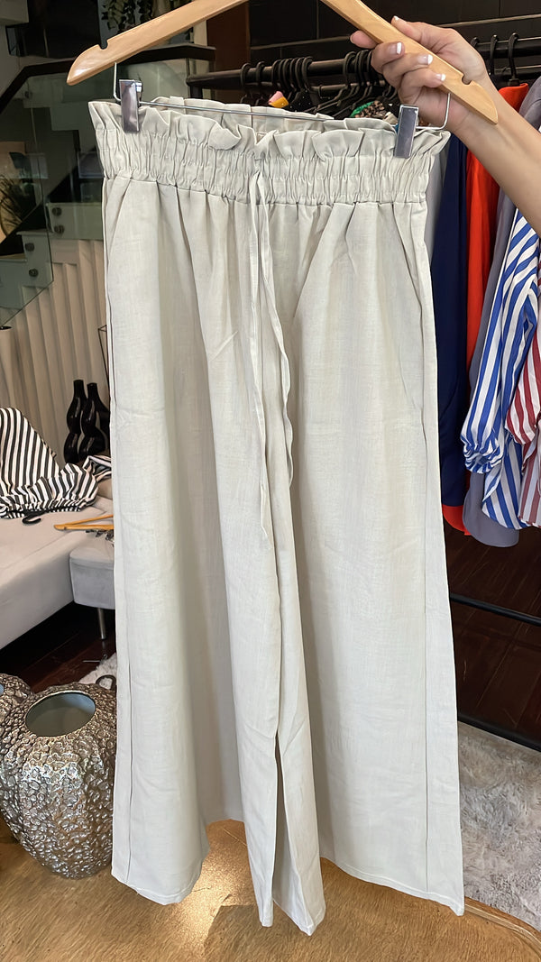 Beige Wide-Leg Paperbag Pants